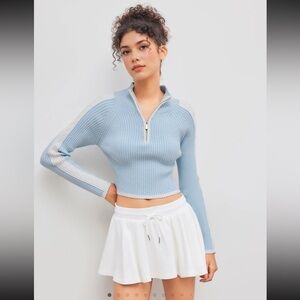 Light Blue Ribbed Zip-Up Sweater